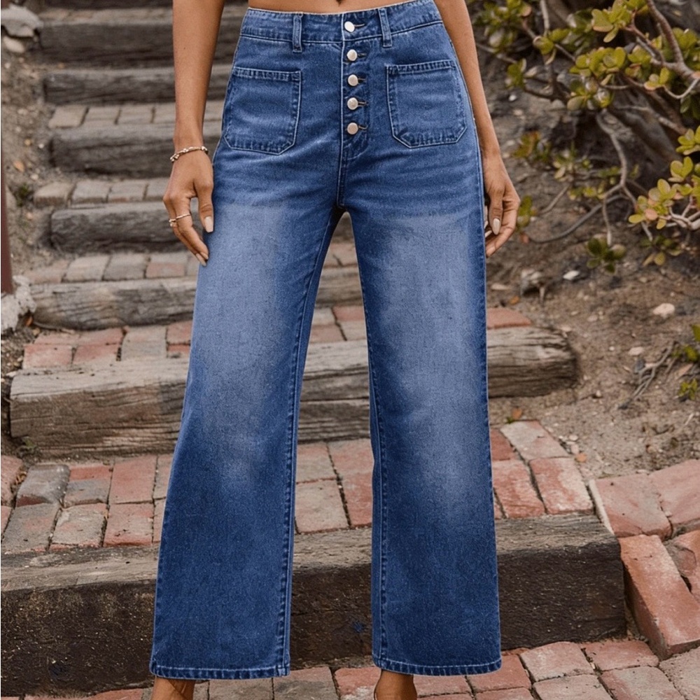 SHEIN Medium Blue High-Rise Boyfriend Jeans with Button Fly